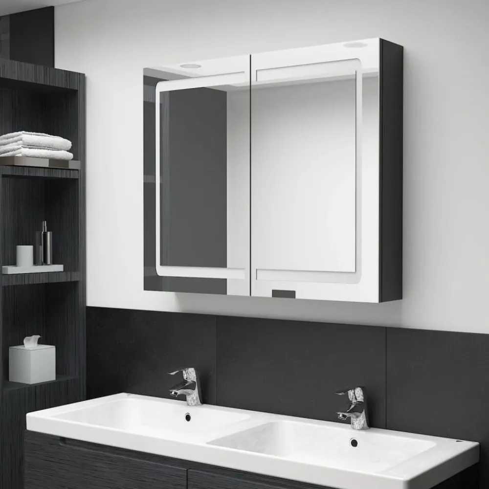 Kasten & Opbergmeubelen*vidaXL Badkamerkast met spiegel en LED 80x12x68 cm Glanzend zwart