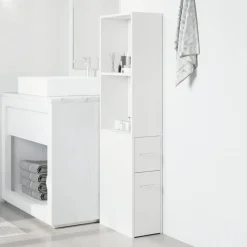 Kasten & Opbergmeubelen*vidaXL Badkamerkast smal met wielen bewerkt hout Wit