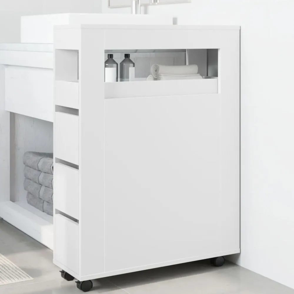 Kasten & Opbergmeubelen*vidaXL Badkamerkast smal met wielen bewerkt hout Wit