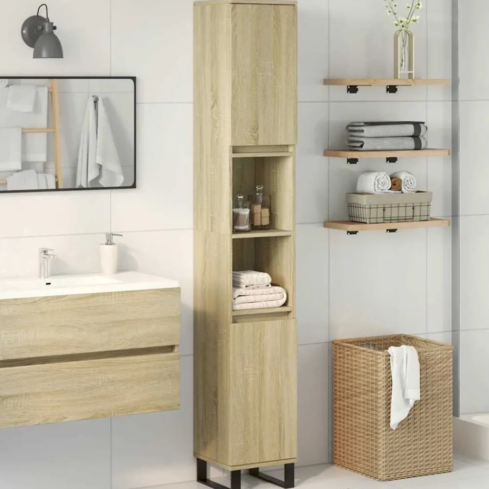 Kasten & Opbergmeubelen*vidaXL Badkamerkast 30x30x190 cm bewerkt hout kleurig Sonoma eiken