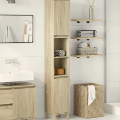 Kasten & Opbergmeubelen*vidaXL Badkamerkast 30x30x190 cm bewerkt hout kleurig Sonoma eiken