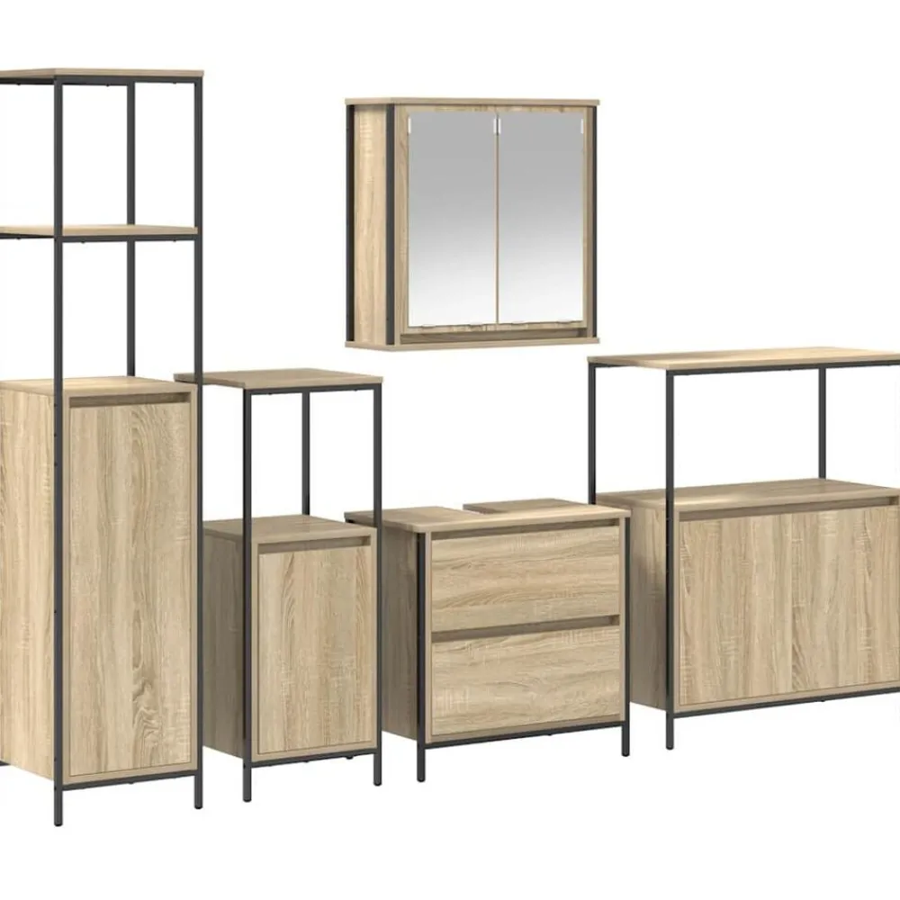 Meubelsets*vidaXL Badkamermeubelset met plank met opslag 5 pcs Beige Bewerkt hout Sonoma eiken