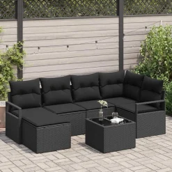 Tuinmeubelen*vidaXL Bankstel met kussen met opslag 7 pcs poly rattan Zwart