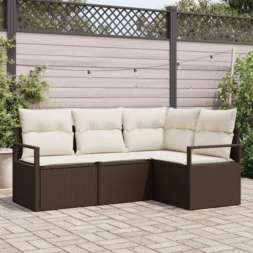 Tuinmeubelen*vidaXL Bankstel met kussen met opslag 4 pcs Bruin en Crème poly rattan Bruin en wit