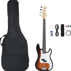 Kunst & Entertainment*vidaXL Basgitaar voor beginners elektrisch met tas 4/4 46" bruin wit Bruin en wit