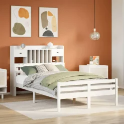 Bedden & Accessoires*vidaXL Bed met boekenkast zonder matras grenenhout 135x190 cm Wit