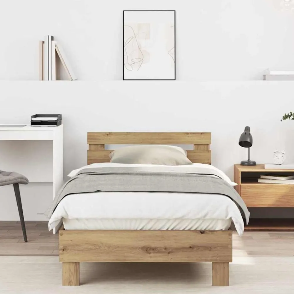 Bedden & Accessoires*vidaXL Bedframe Artisan Eiken 203 x 95 x 70 cm Bewerkt hout artisanaal eikenkleurig