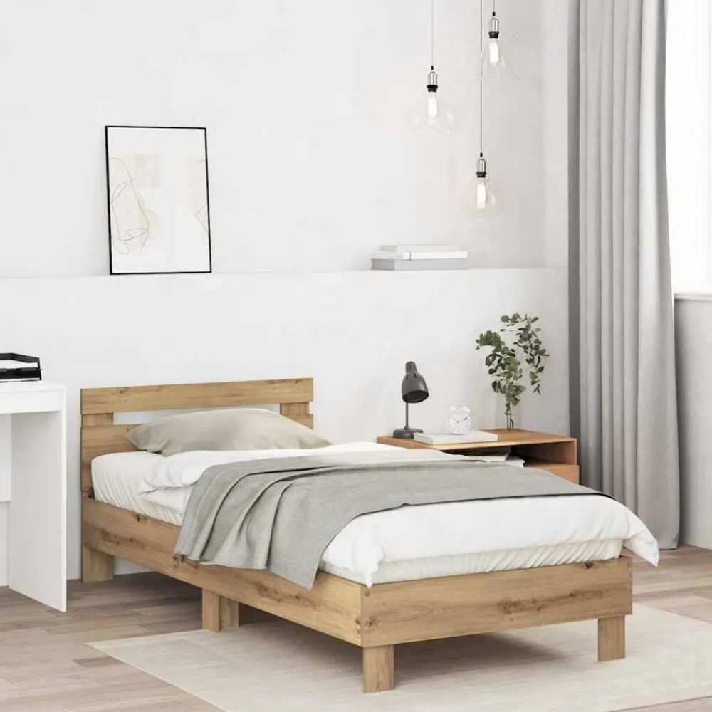 Bedden & Accessoires*vidaXL Bedframe Artisan Eiken 203 x 95 x 70 cm Bewerkt hout artisanaal eikenkleurig