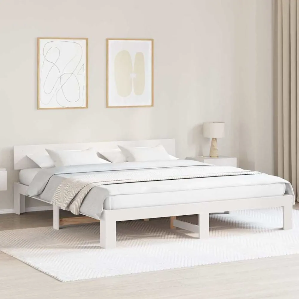Bedden & Accessoires*vidaXL Bedframe met hoofdeinde 200 x 200 cm Massief grenenhout Wit