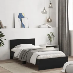 Bedden & Accessoires*vidaXL Bedframe met hoofdbord bewerkt hout 100x200 cm Zwart