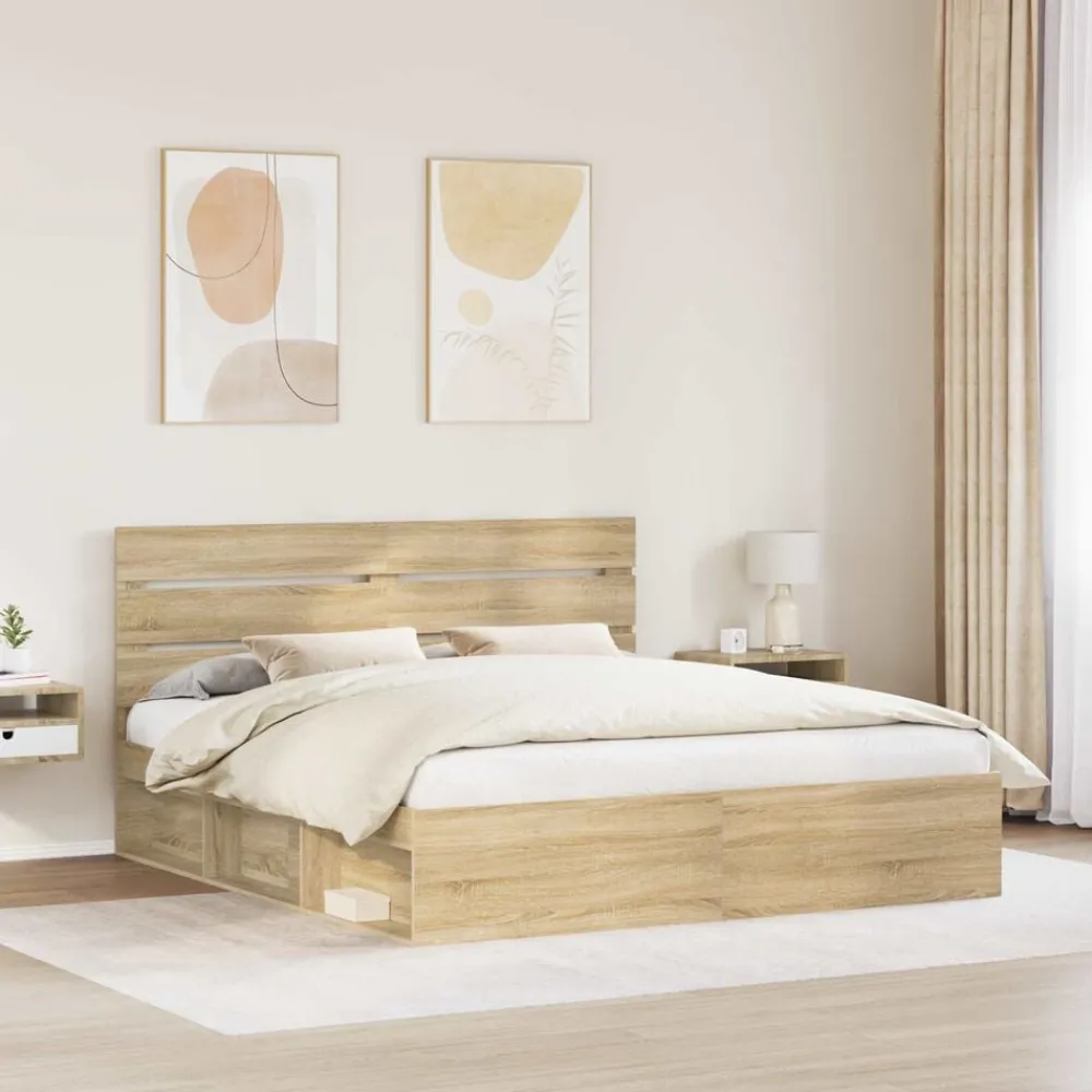 Bedframe met hoofdeinde Sonoma 200 x 200 cm Massief grenenhout>vidaXL Clearance