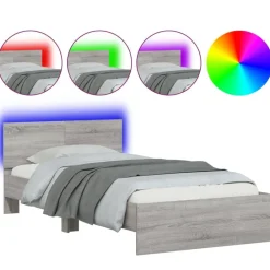 Bedden & Accessoires*vidaXL Bedframe met hoofdbord en LED eiken 100x200 cm Grijs sonoma
