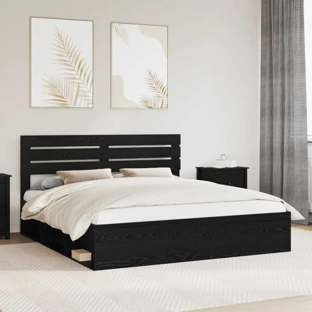 Bedden & Accessoires*vidaXL Bedframe met hoofdeinde Zwart 200 x 200 cm Massief grenenhout Zwart eiken