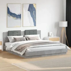 Bedden & Accessoires*vidaXL Bedframe met hoofdbord en LED-verlichting 200x200 cm Betongrijs