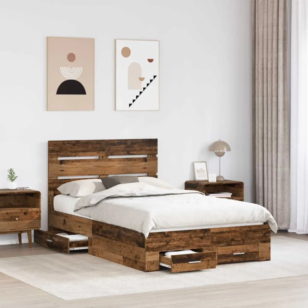 Bedframe met lade met opslag Oudhout 120 x 190 cm Bewerkt hout>vidaXL Best