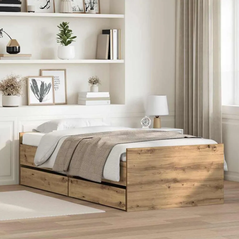 Bedframe met lade Artisan Eiken 100 x 200 cm Massief grenenhout>vidaXL New