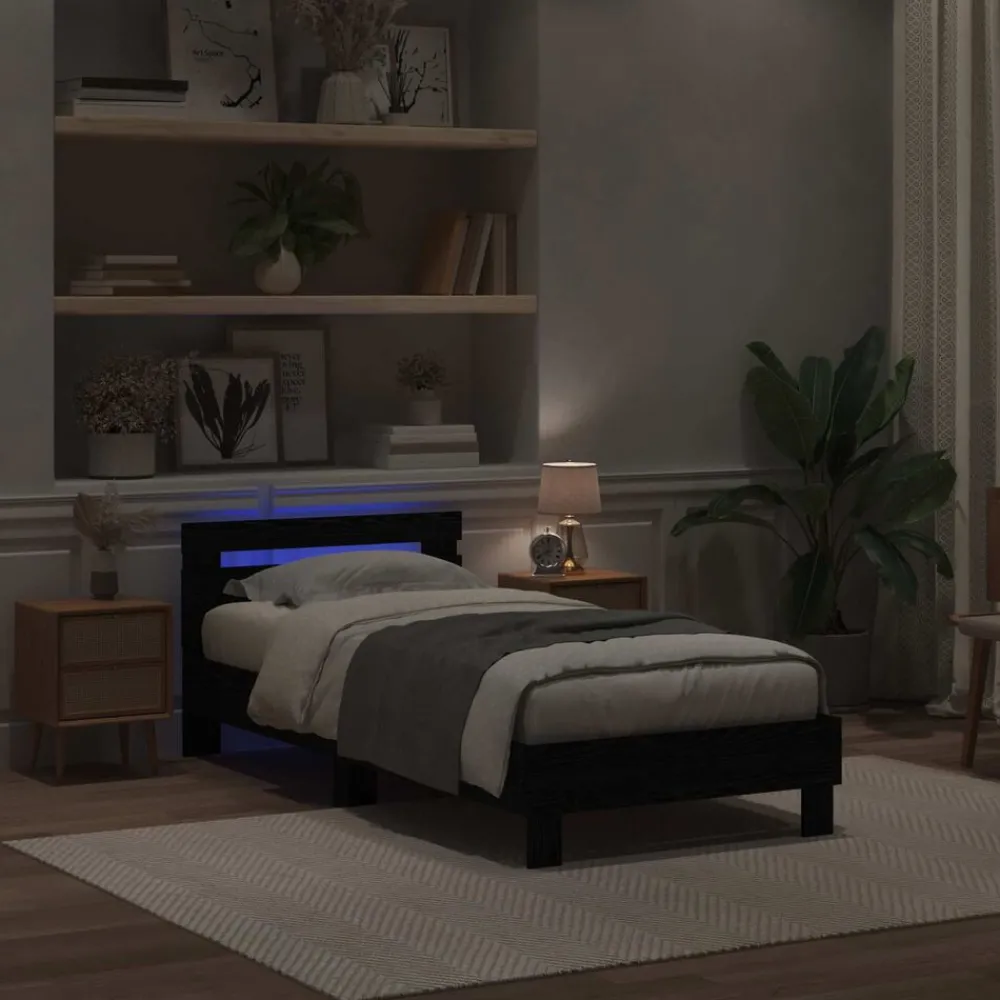 Bedden & Accessoires*vidaXL Bedframe met LED 100 x 200 cm Bewerkt hout Zwart eiken