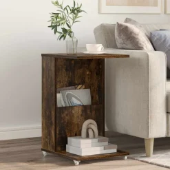 Tafels*vidaXL Bijzettafel met wiel 40 x 35 x 60 cm Bewerkt hout Gerookt eiken