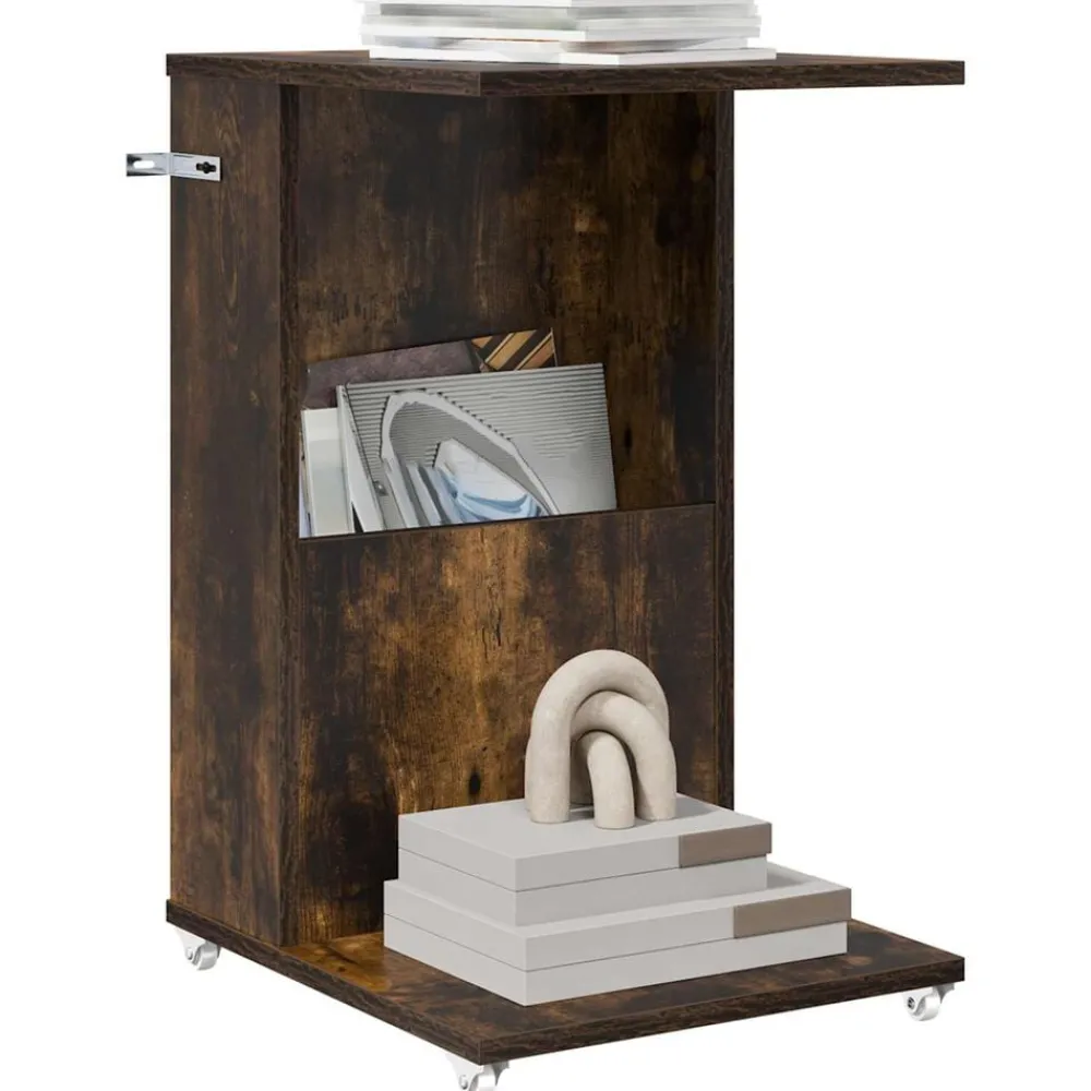 Tafels*vidaXL Bijzettafel met wiel 40 x 35 x 60 cm Bewerkt hout Gerookt eiken