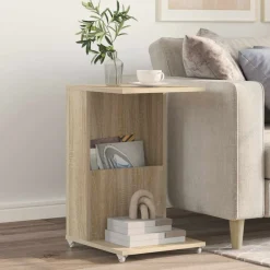 Tafels*vidaXL Bijzettafel met wiel 40 x 35 x 60 cm Bewerkt hout Sonoma eiken