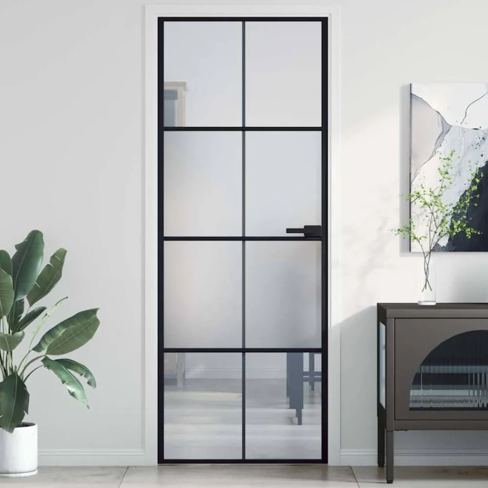 Bouwmaterialen*vidaXL Binnendeur smal 76x201,5 cm gehard glas en aluminium zwart Zwart en transparant en mat