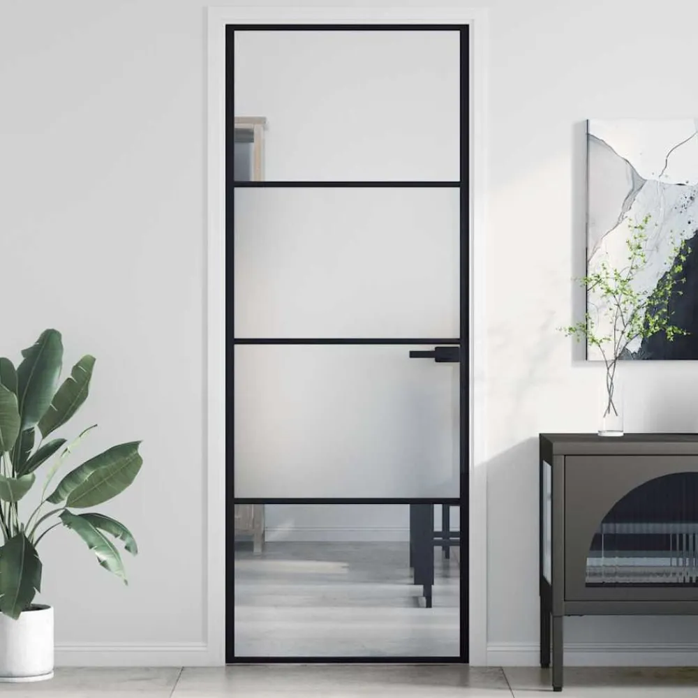 Binnendeur smal 76x201,5 cm gehard glas en aluminium zwart>vidaXL New