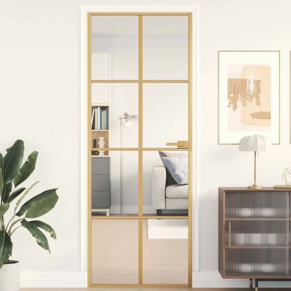 Bouwmaterialen*vidaXL Binnendeur smal 76x201,5 cm gehard glas en aluminium goudkleur Goud en transparant