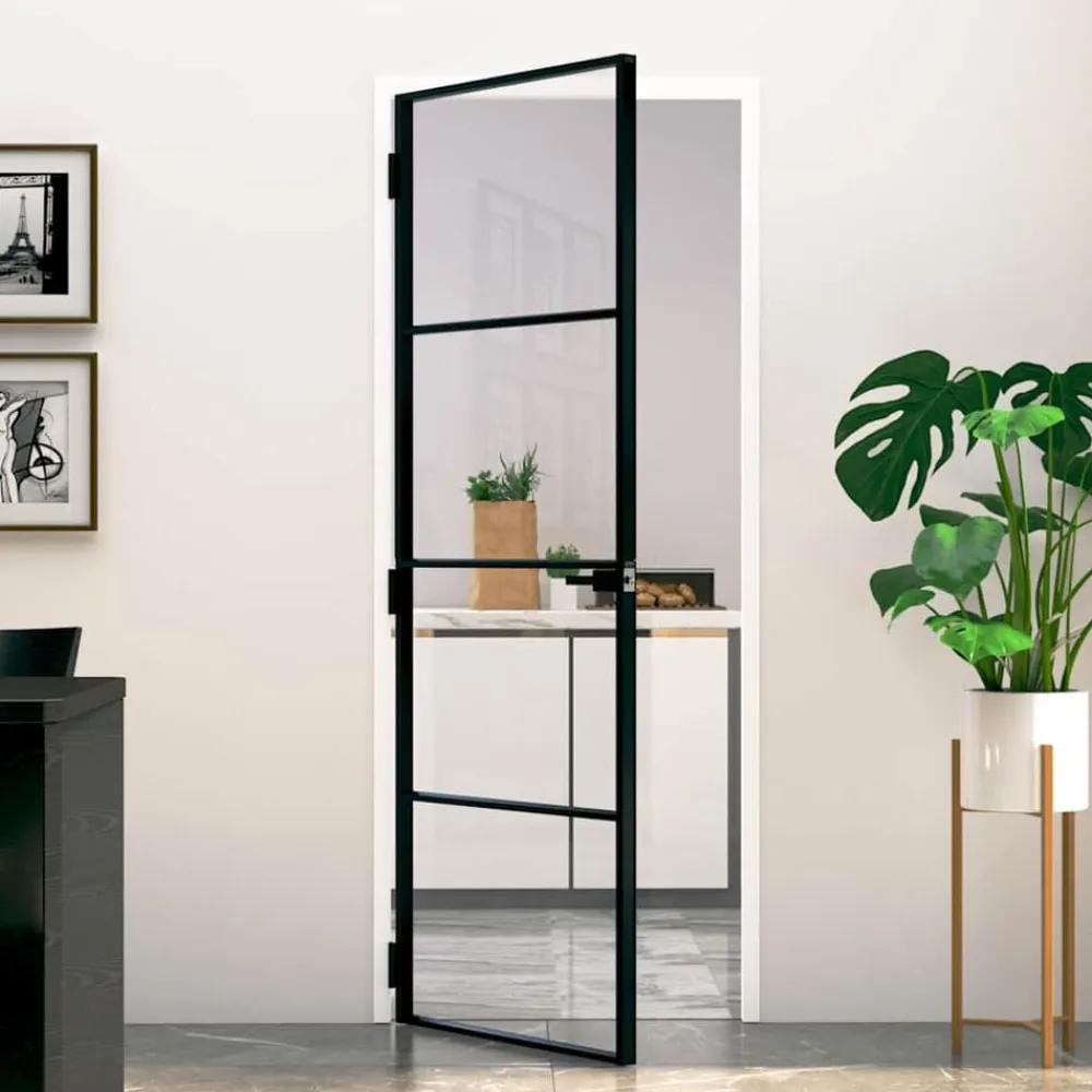 Binnendeur 76x201,5 cm gehard glas en aluminium smal zwart>vidaXL Discount