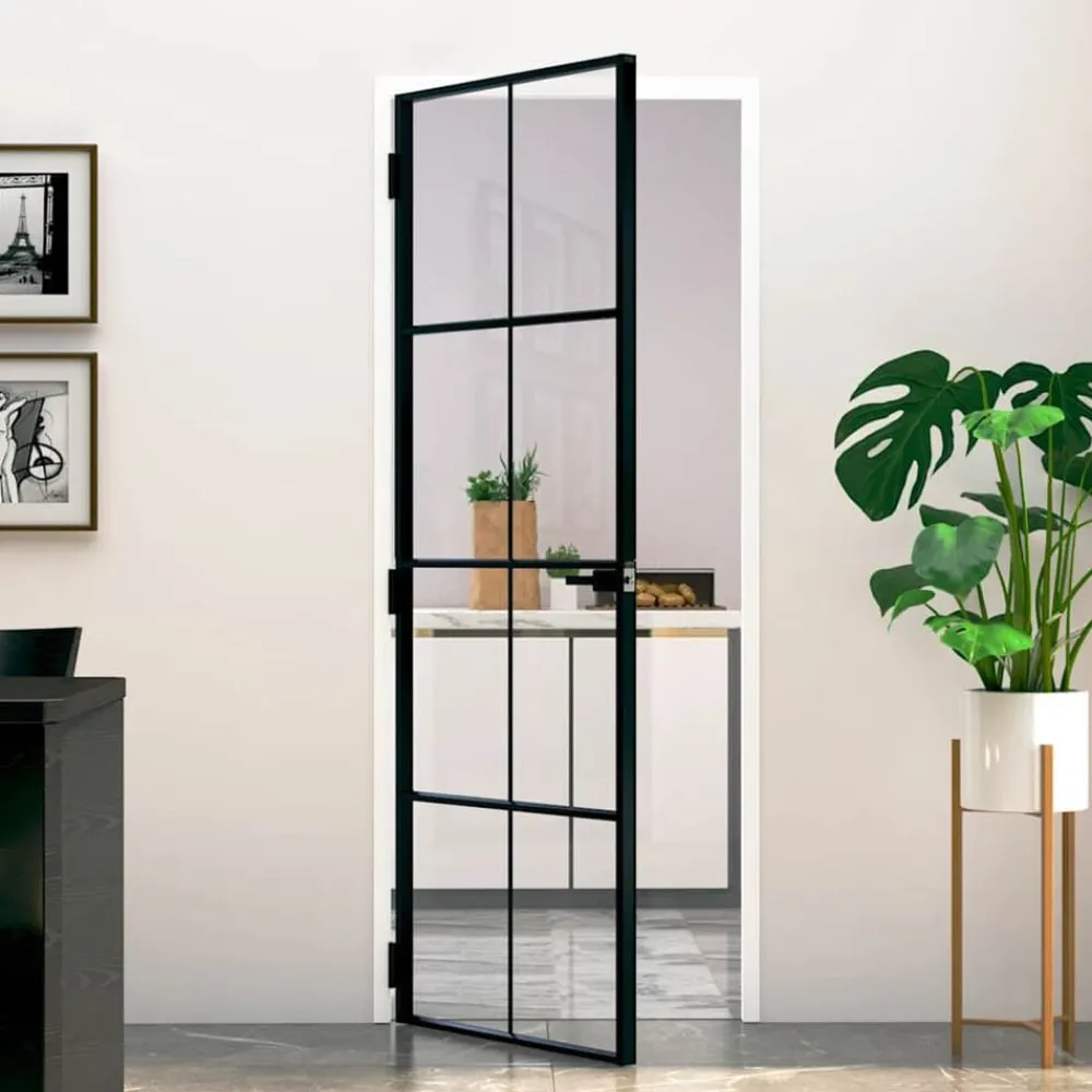 Binnendeur 76x201,5 cm gehard glas en aluminium smal zwart>vidaXL Online