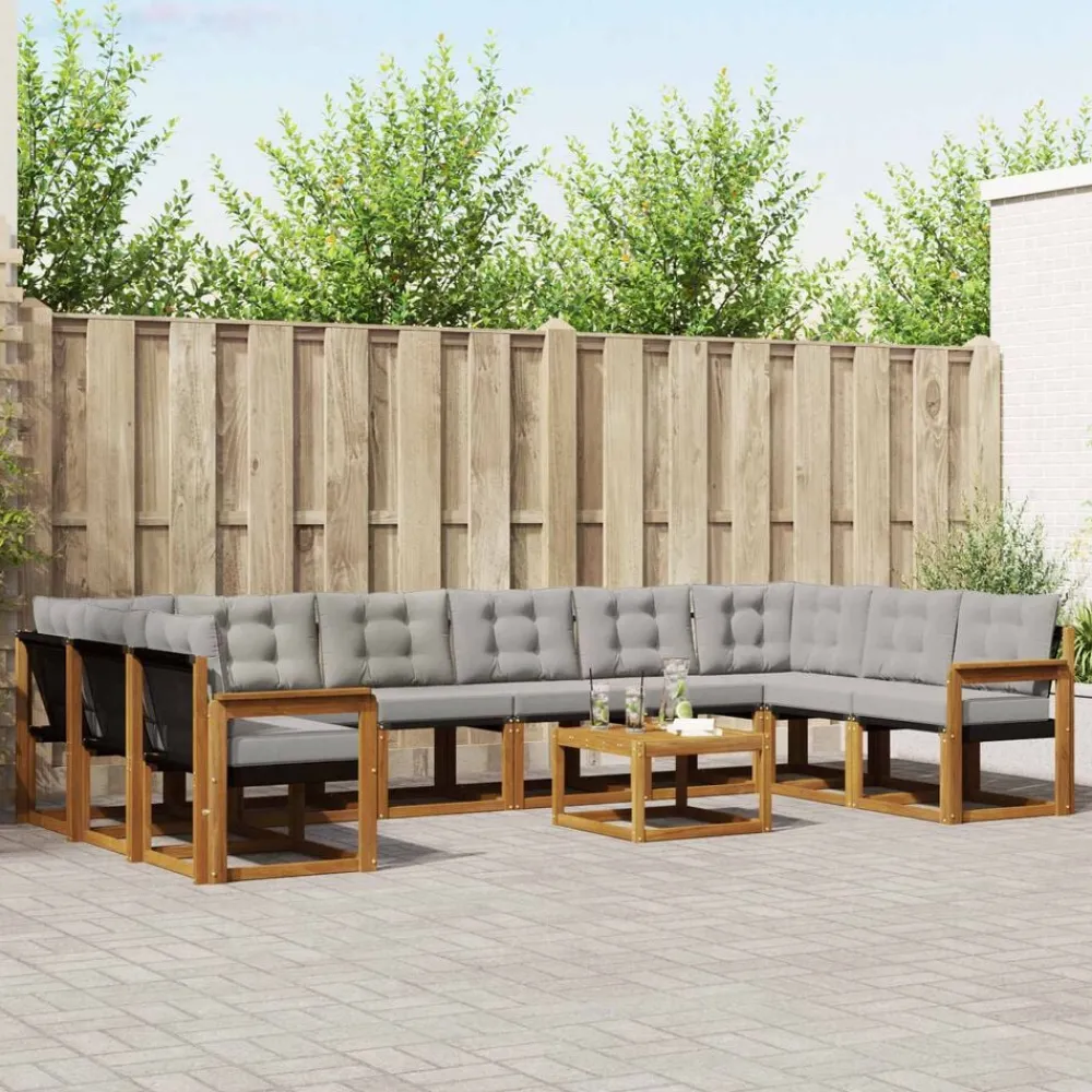 Meubelsets*vidaXL Buiten bankenset met kussen 11 pcs Natuurlijk en Lichtgrijs Naturel en lichtgrijs