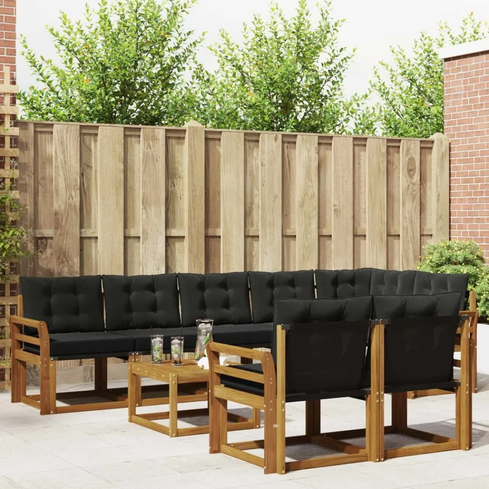 Buiten bankenset met kussen 9 pcs Natuurlijk en Zwart>vidaXL Online
