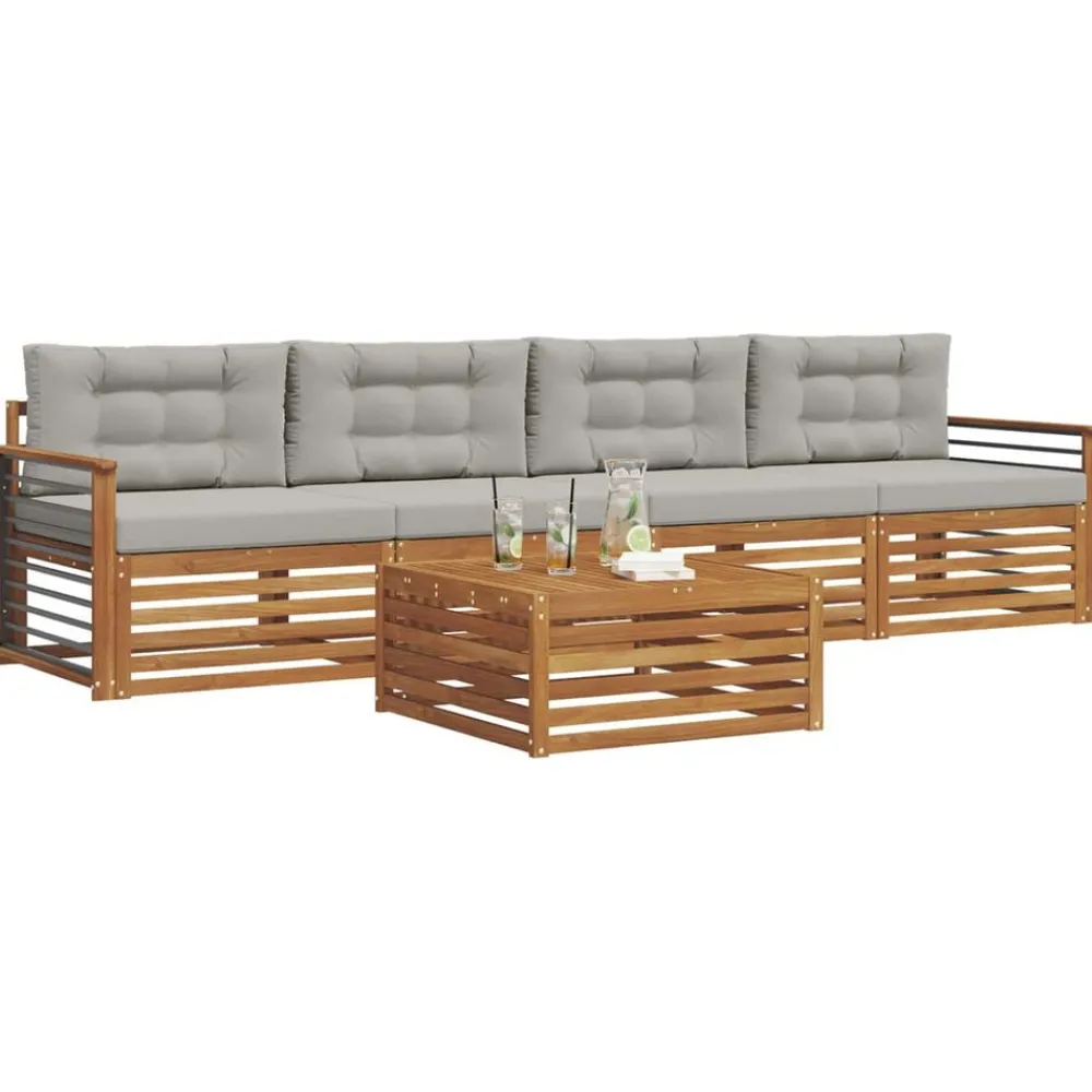 Buiten bankenset met kussen 5 pcs Natuurlijk en Lichtgrijs>vidaXL Hot