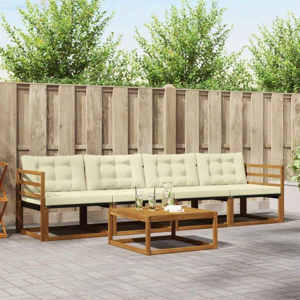 Buiten bankenset met kussen 5 pcs Natuurlijk en Crème>vidaXL