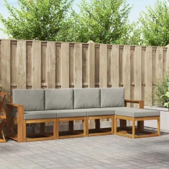 Buiten bankenset met kussen 5 pcs Natuurlijk en Lichtgrijs>vidaXL Online