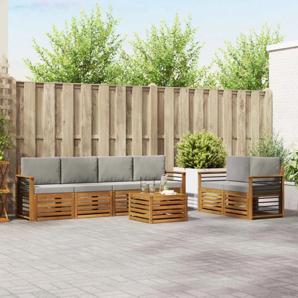 Buiten bankenset met kussen 7 pcs Natuurlijk en Lichtgrijs>vidaXL