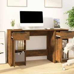 Kantoormeubelen*vidaXL Bureau met bijzetkast bewerkt hout kleurig Gerookt eiken