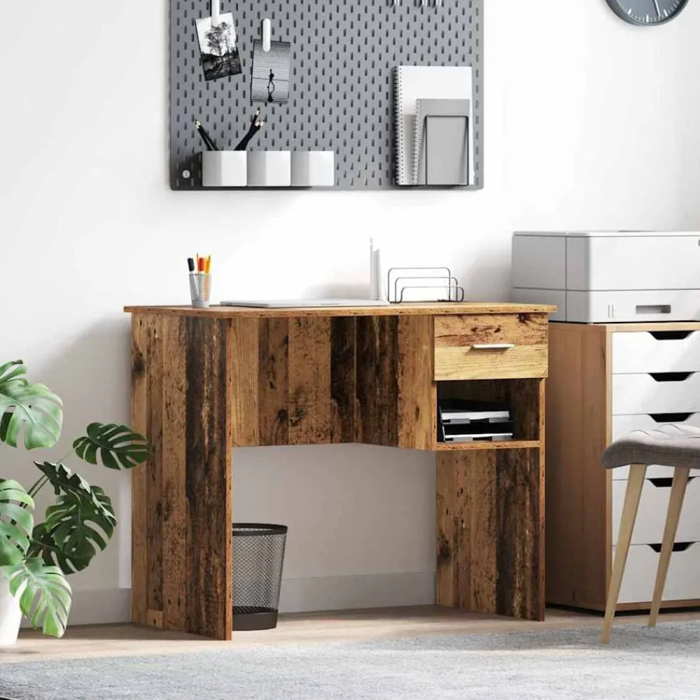 Kantoormeubelen*vidaXL Bureau met lade met plank 90 x 49 x 75 cm Bewerkt hout Oud hout