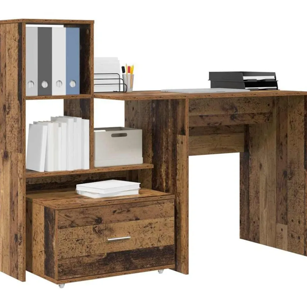 Kantoormeubelen*vidaXL Bureau met lade 131,5 x 50 x 106,5 cm Bewerkt hout Oud hout