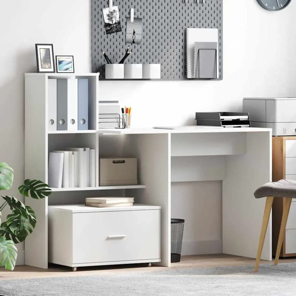 Kantoormeubelen*vidaXL Bureau met lade 131,5 x 50 x 106,5 cm Bewerkt hout Wit