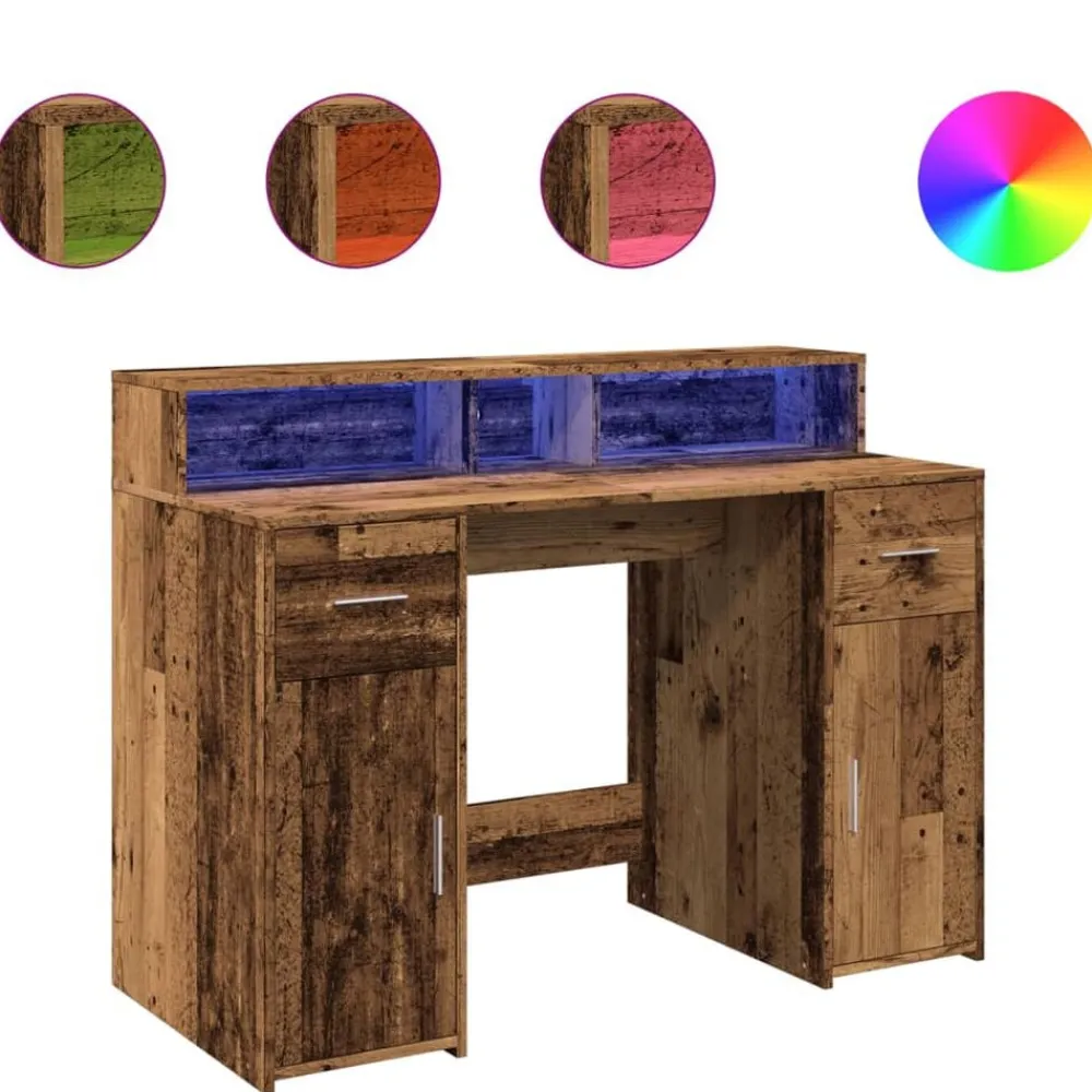 Kantoormeubelen*vidaXL Bureau met LED-verlichting 120x55x91 cm bewerkt hout Oud hout
