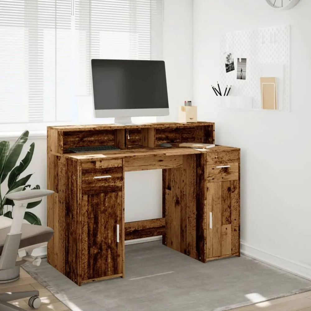 Kantoormeubelen*vidaXL Bureau met LED-verlichting 120x55x91 cm bewerkt hout Oud hout