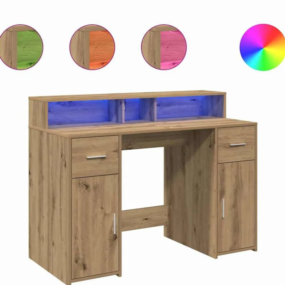 Kantoormeubelen*vidaXL Bureau met LED-verlichting 120x55x91 cm hout artisanaal eiken artisanaal eikenkleurig