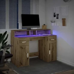 Kantoormeubelen*vidaXL Bureau met LED-verlichting 120x55x91 cm hout artisanaal eiken artisanaal eikenkleurig
