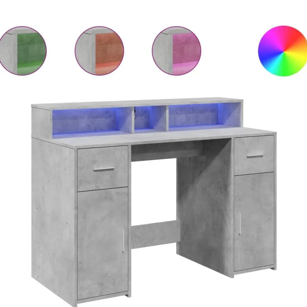 Kantoormeubelen*vidaXL Bureau met LED-verlichting 120x55x91 cm bewerkt hout Betongrijs