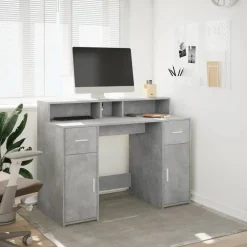 Kantoormeubelen*vidaXL Bureau met LED-verlichting 120x55x91 cm bewerkt hout Betongrijs