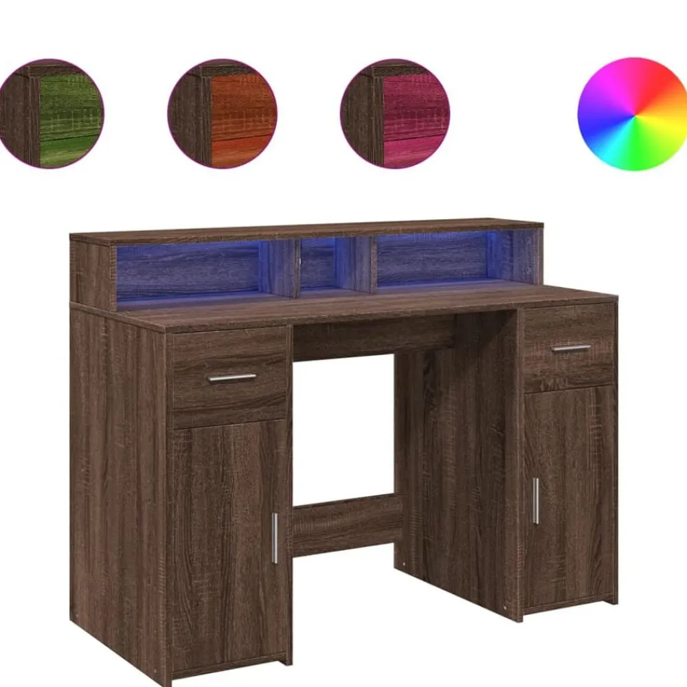 Kantoormeubelen*vidaXL Bureau met LED-verlichting 120x55x91 cm hout ig bruin eikenkleur