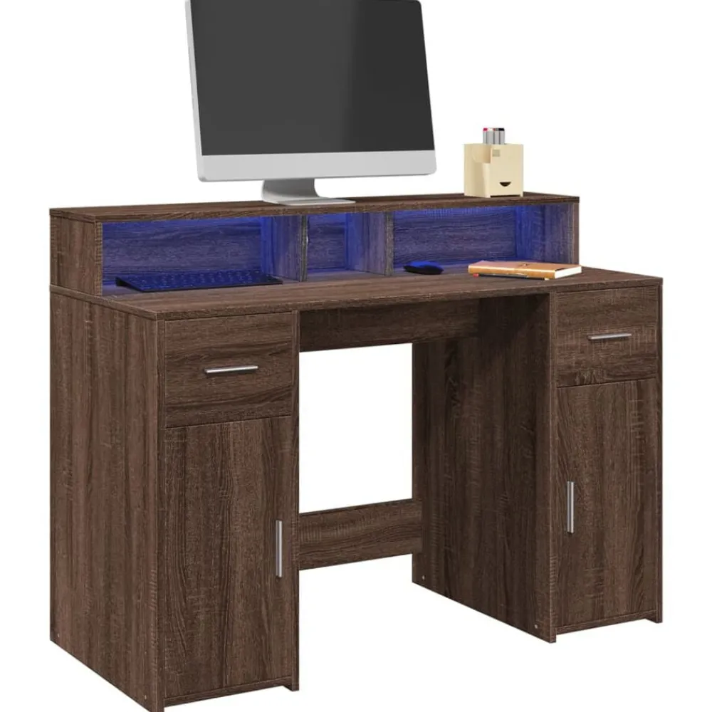 Kantoormeubelen*vidaXL Bureau met LED-verlichting 120x55x91 cm hout ig bruin eikenkleur
