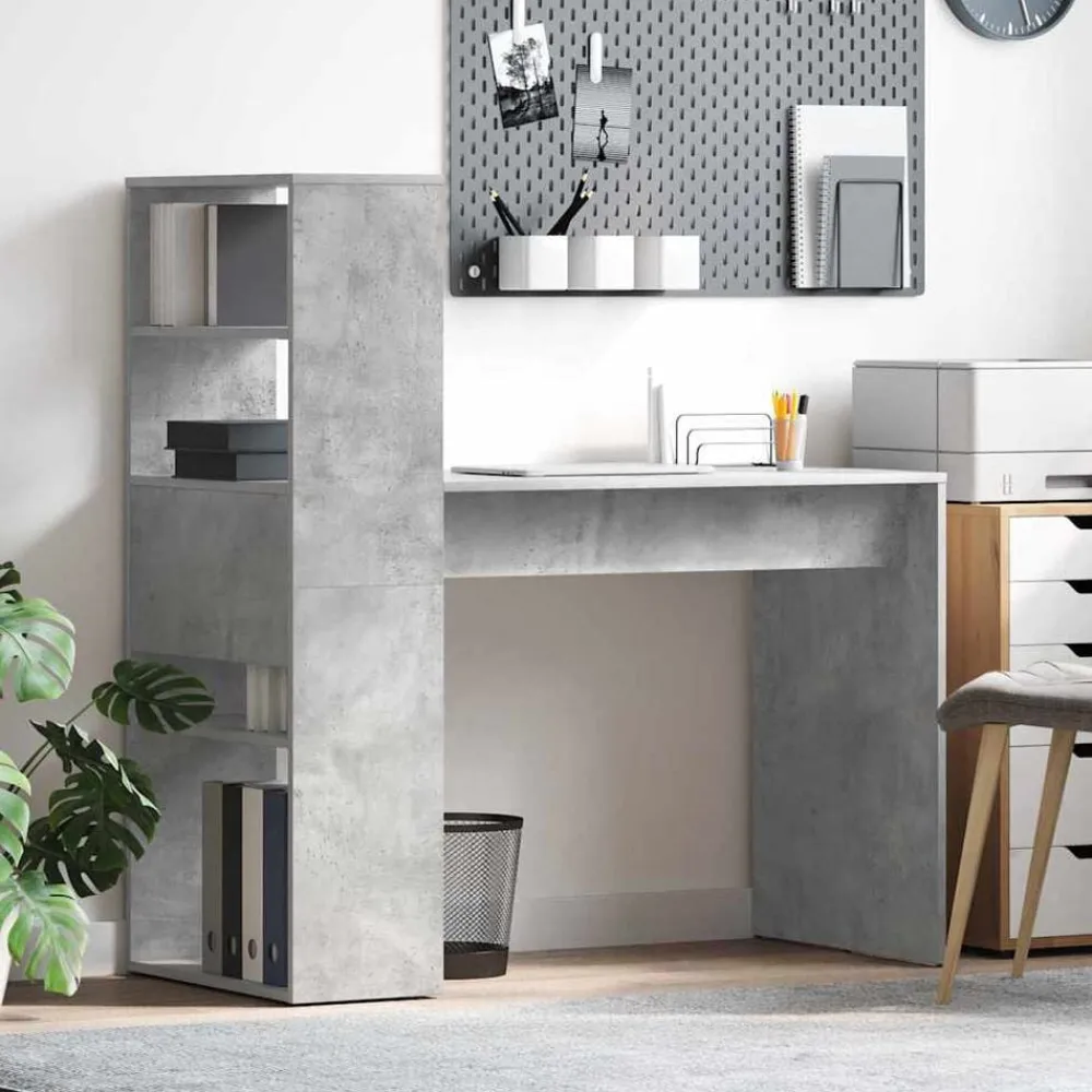 Bureau met plank Beton Grijs 113 x 54 x 120 cm Bewerkt hout>vidaXL Sale