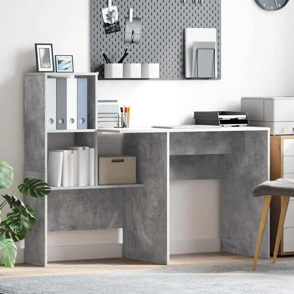 Kantoormeubelen*vidaXL Bureau met plank Beton Grijs 131,5 x 50 x 106,5 cm Bewerkt hout Betongrijs