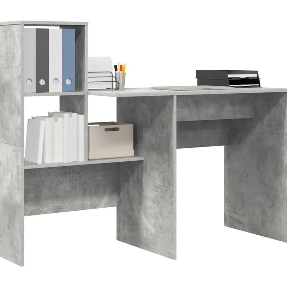 Kantoormeubelen*vidaXL Bureau met plank Beton Grijs 131,5 x 50 x 106,5 cm Bewerkt hout Betongrijs